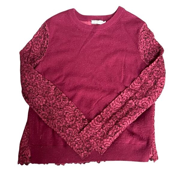 Tory Burch Maroon Dina Merino Wool Lace Sleeves Crew Neck Sweater L Peplum Back - Picture 9 of 11